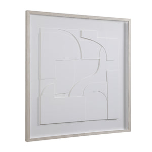 Stardust wall art showcasing white abstract shapes from a side angle in a light wood frame.