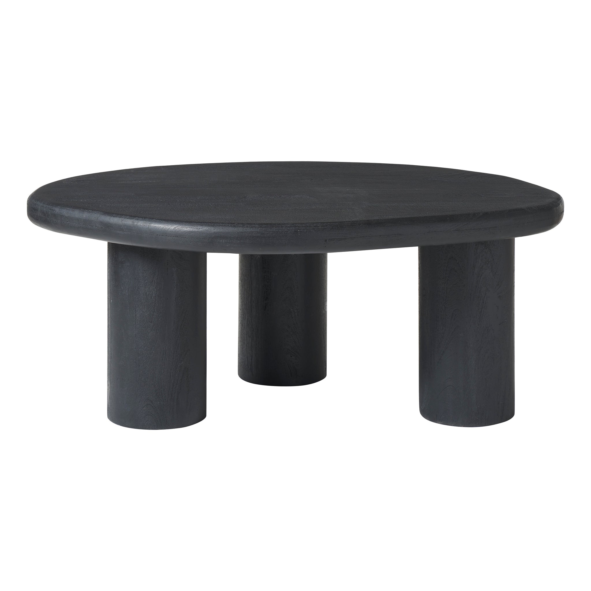Rowe table featuring a round black top and three cylindrical supports