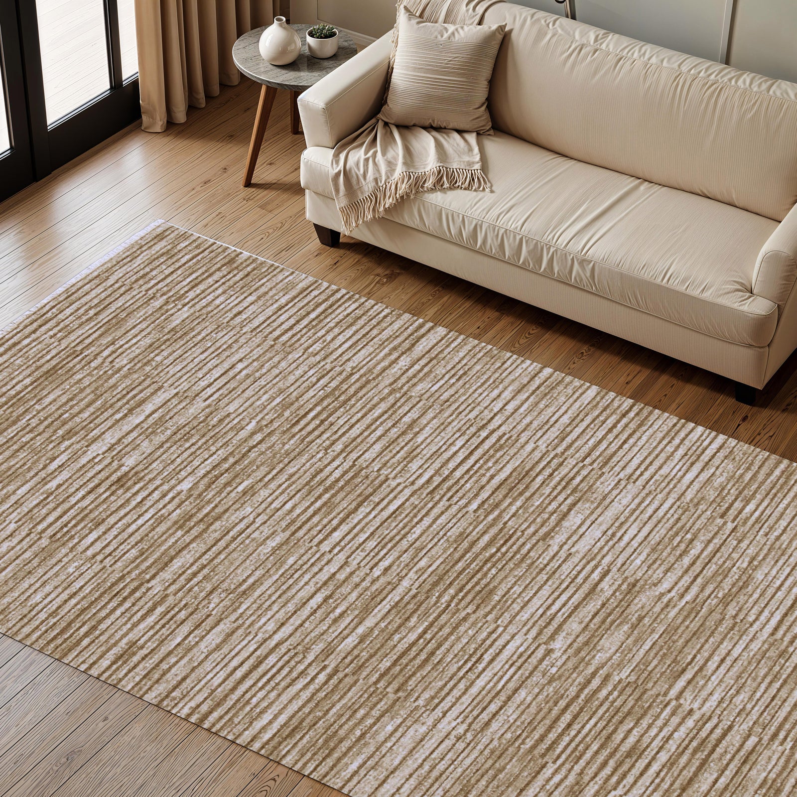Blake rug by Renwil in beige with textured stripe pattern, flat view.