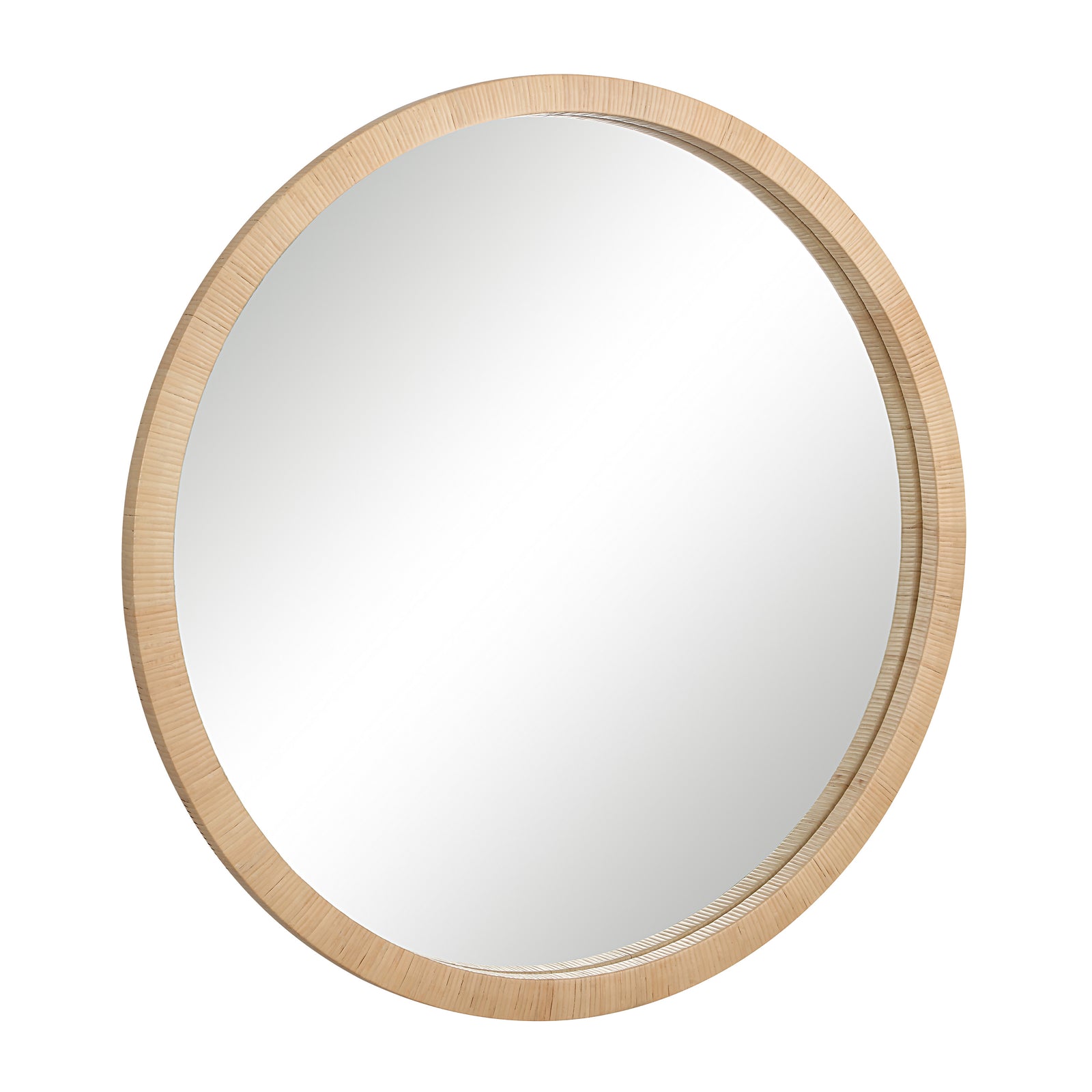 Rita mirror with a round shape and natural wood frame, showcasing a reflective surface.