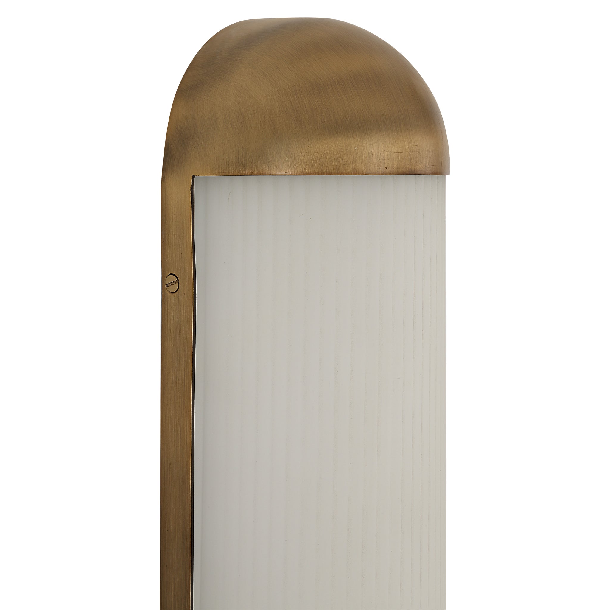 Close-up of Amici wall sconce showing white ribbed glass and brass top