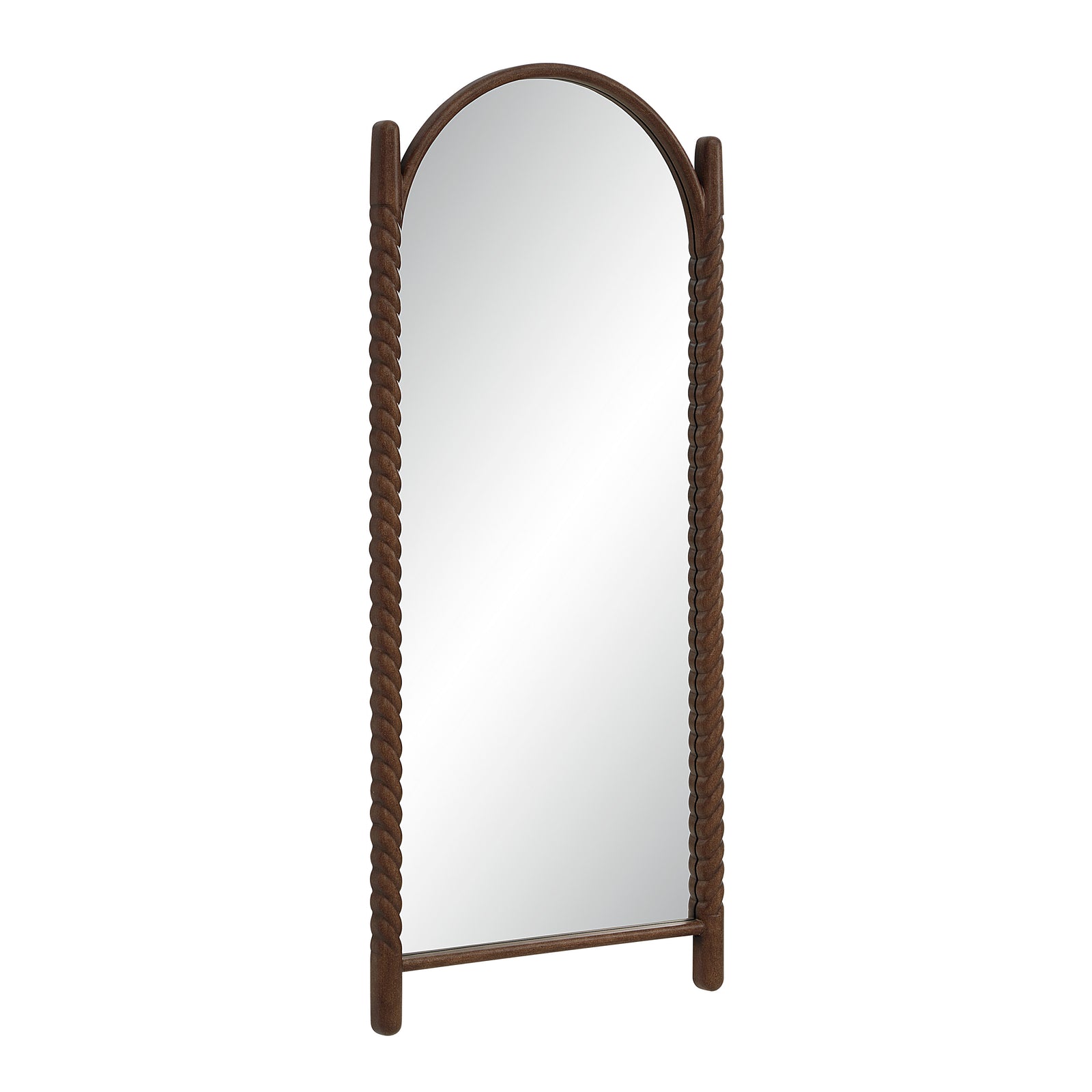 Ignatius mirror with a braided dark wood frame and arched top, reflecting light.