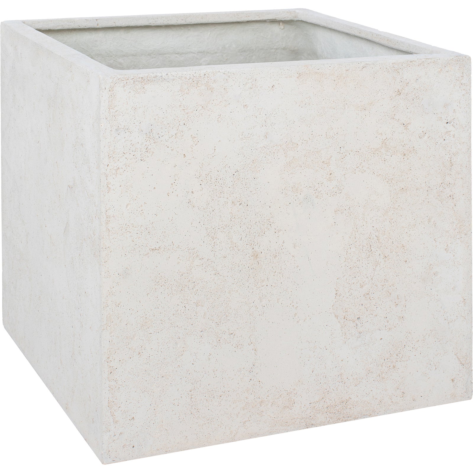 Alona Planter in light textured concrete with a square shape and open top view.