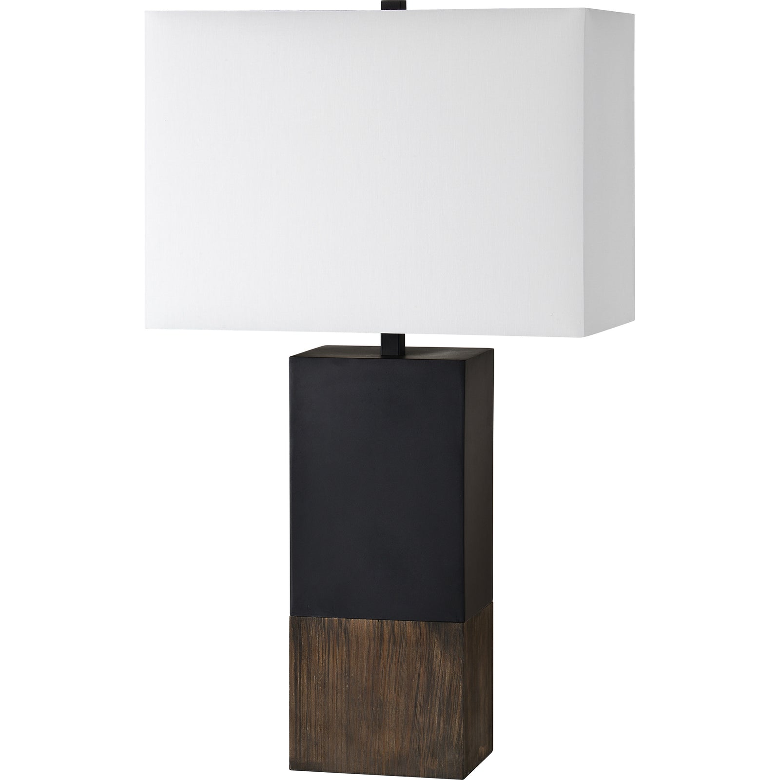 Broma Table Lamp with a black base and wooden lower section, topped with a white rectangular shade.
