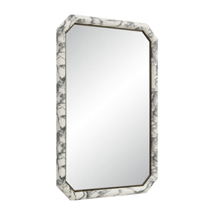 Venus mirror featuring a marble-patterned frame in white and gray, viewed at an angle