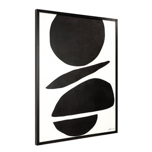 Cercola wall art shown from a side angle, displaying black abstract shapes on white canvas.