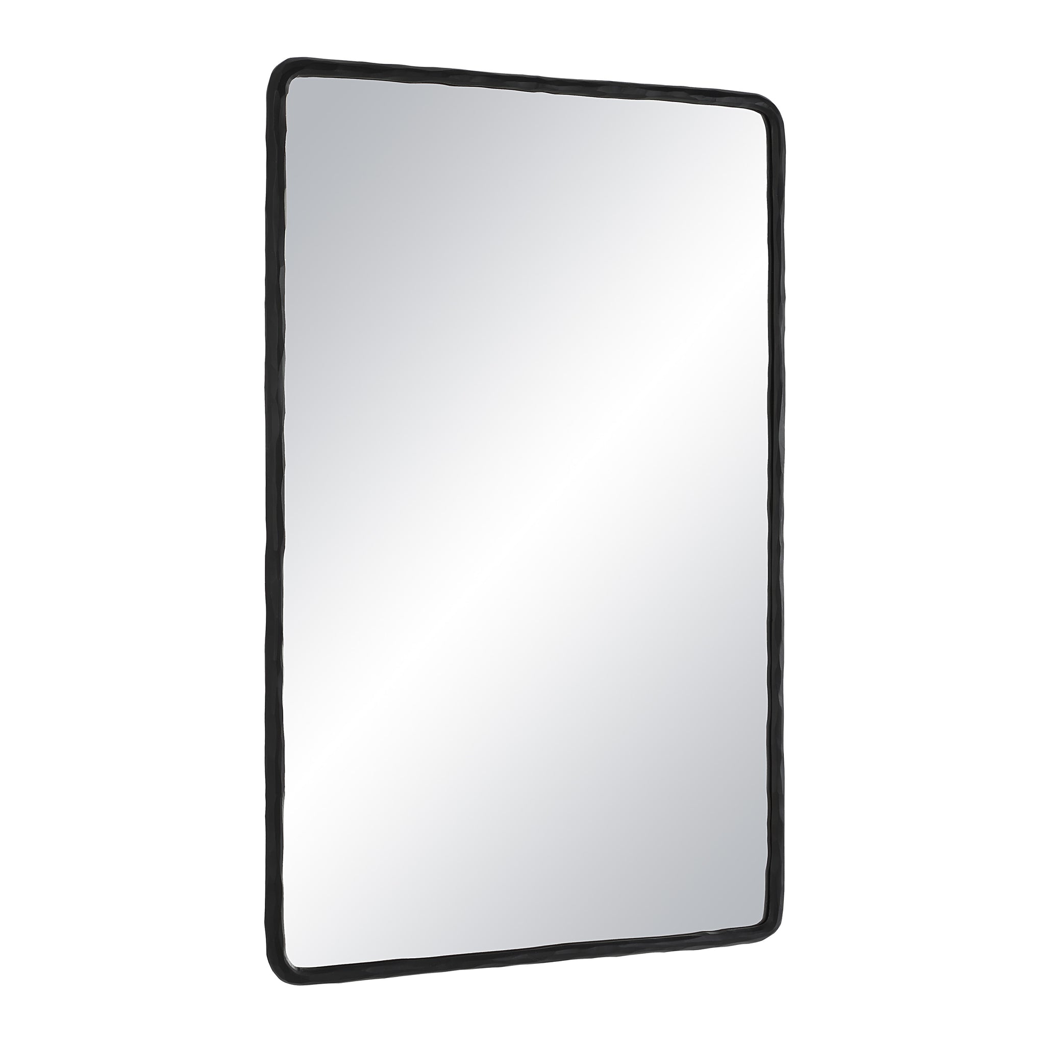 Jorah Wall Mirror angled view showcasing its black frame and reflective surface.
