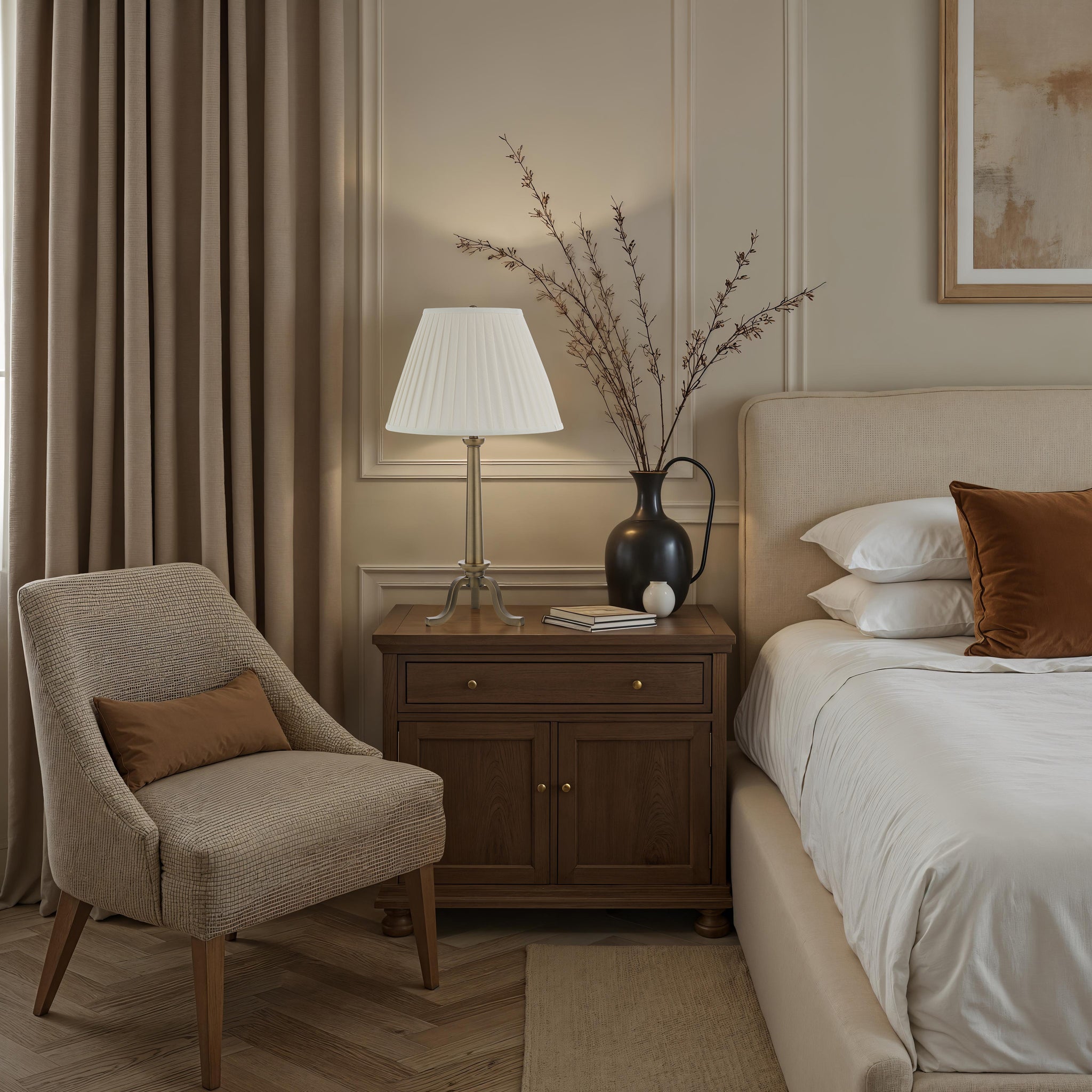 Lucerna Table Lamp placed on a nightstand in a cozy bedroom setting