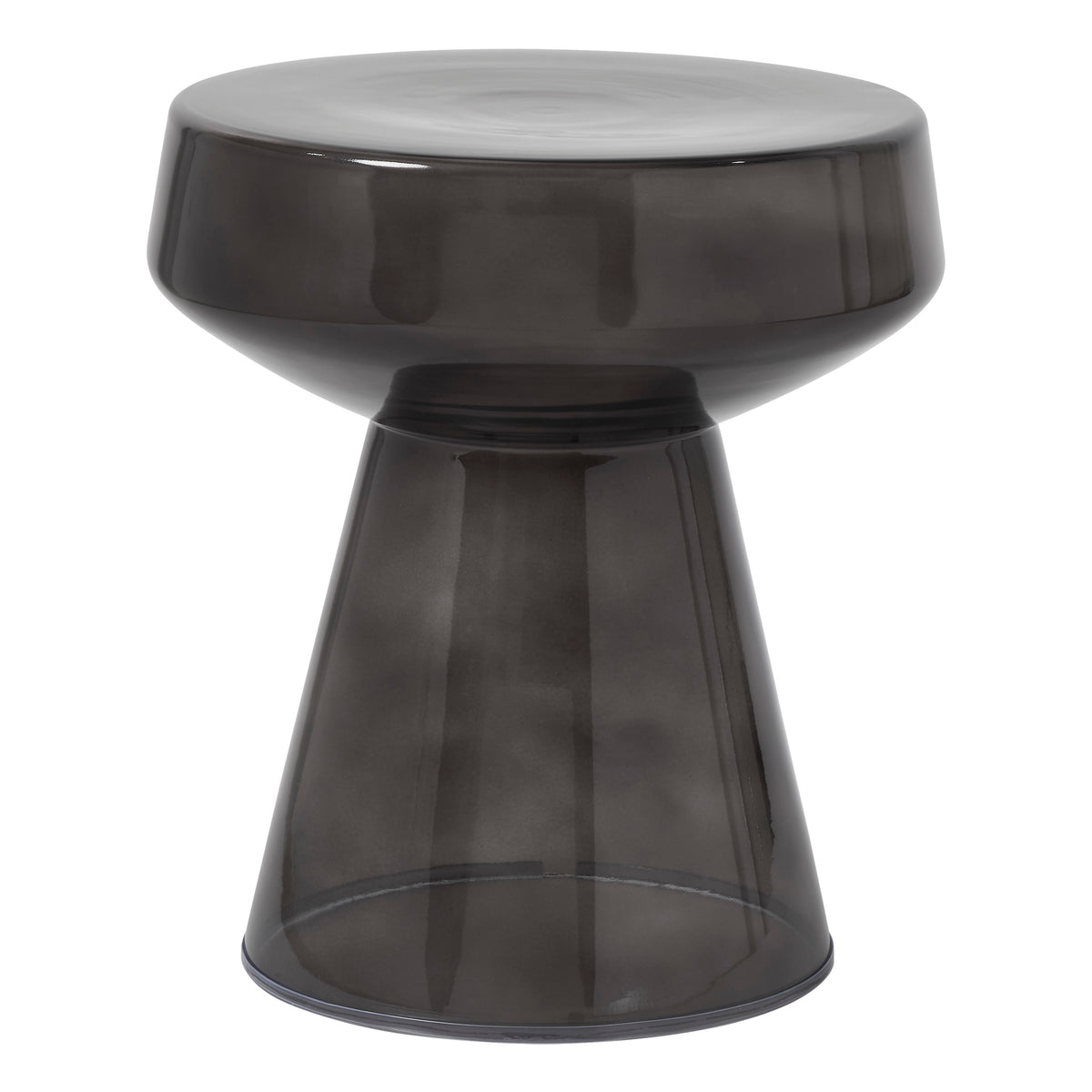 Lavinia table in dark smoke color with a rounded top and tapered base