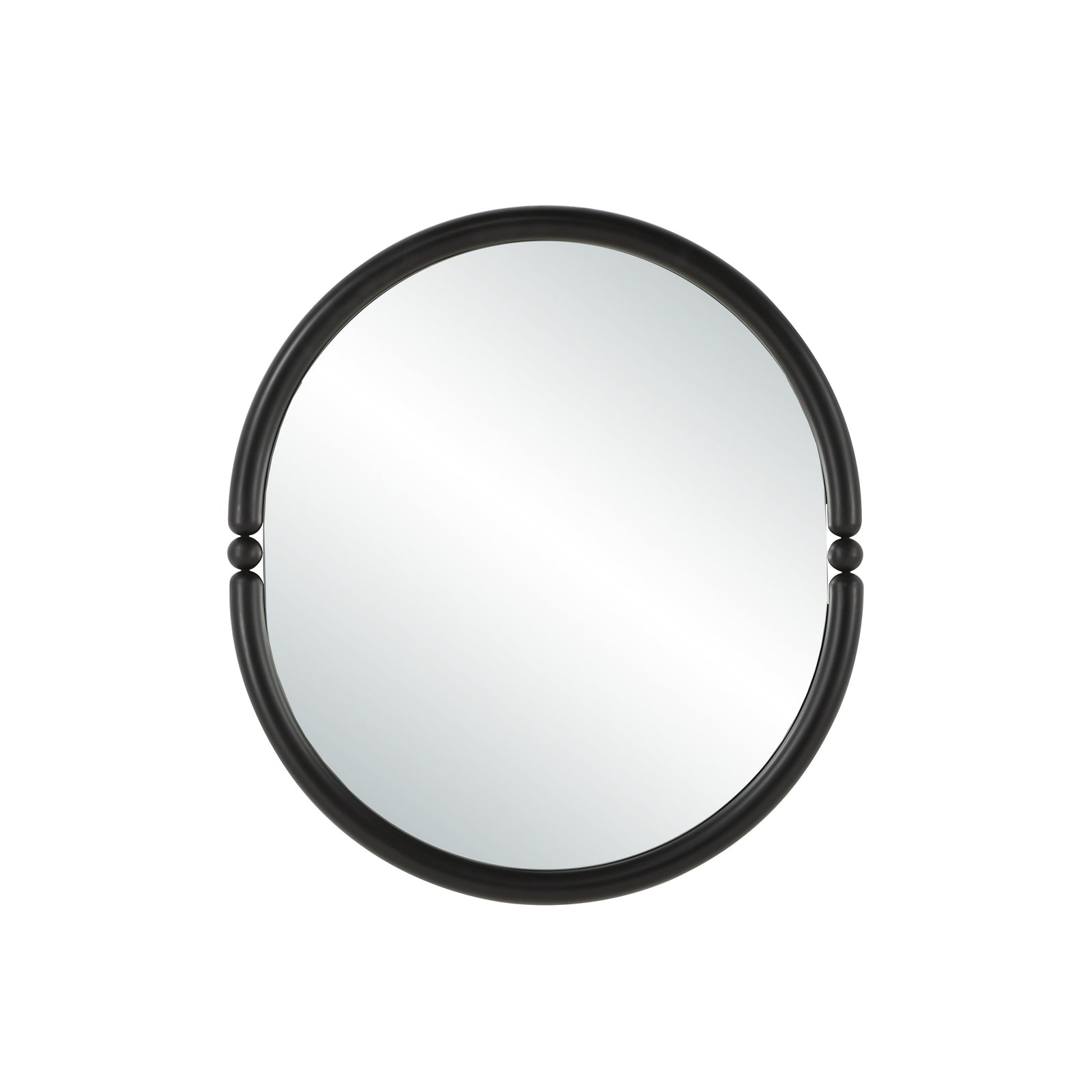 Ditto mirror by Renwil, round shape with a black frame and smooth reflective surface.