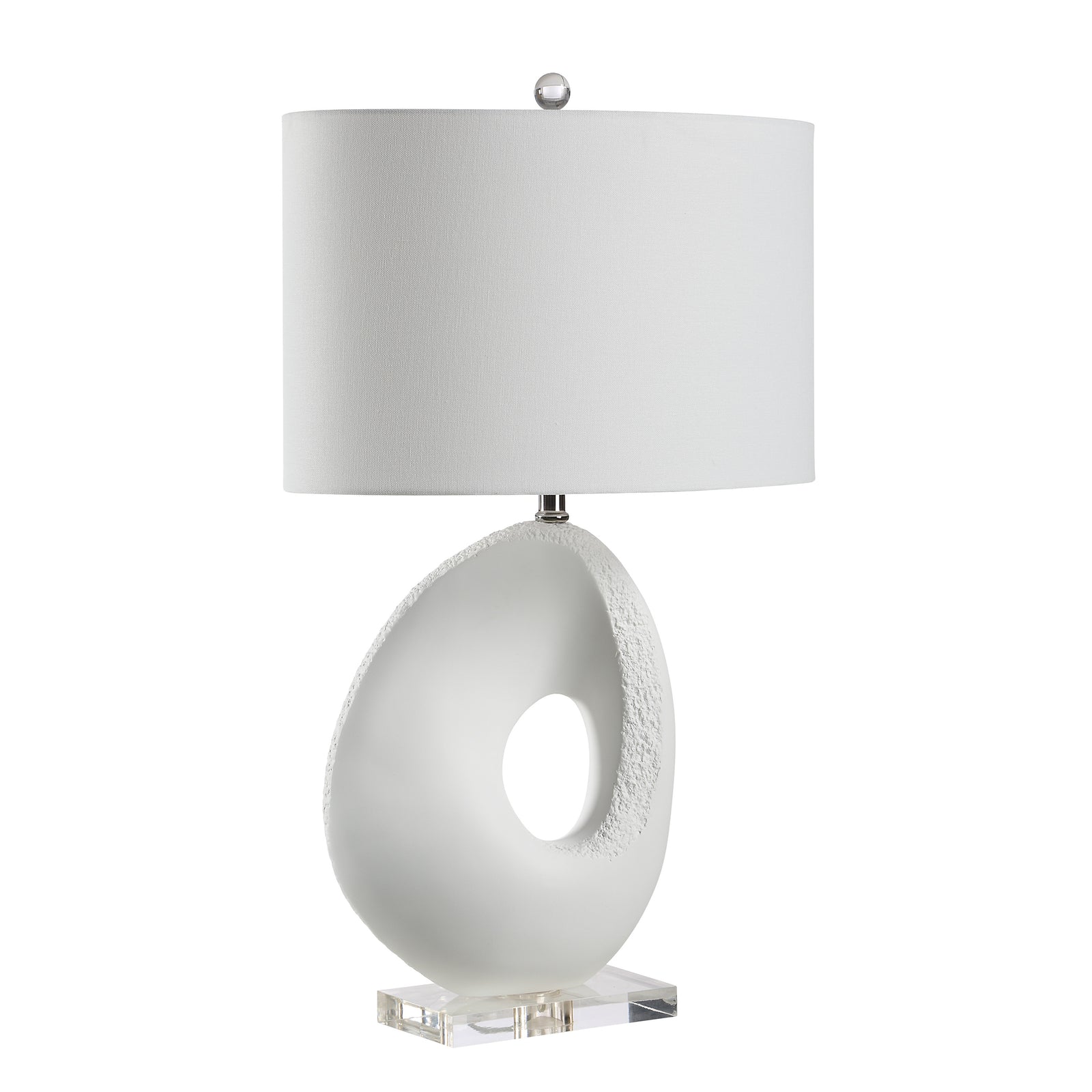 Opalis Table Lamp with a white fabric shade and a frosted sculptural base.