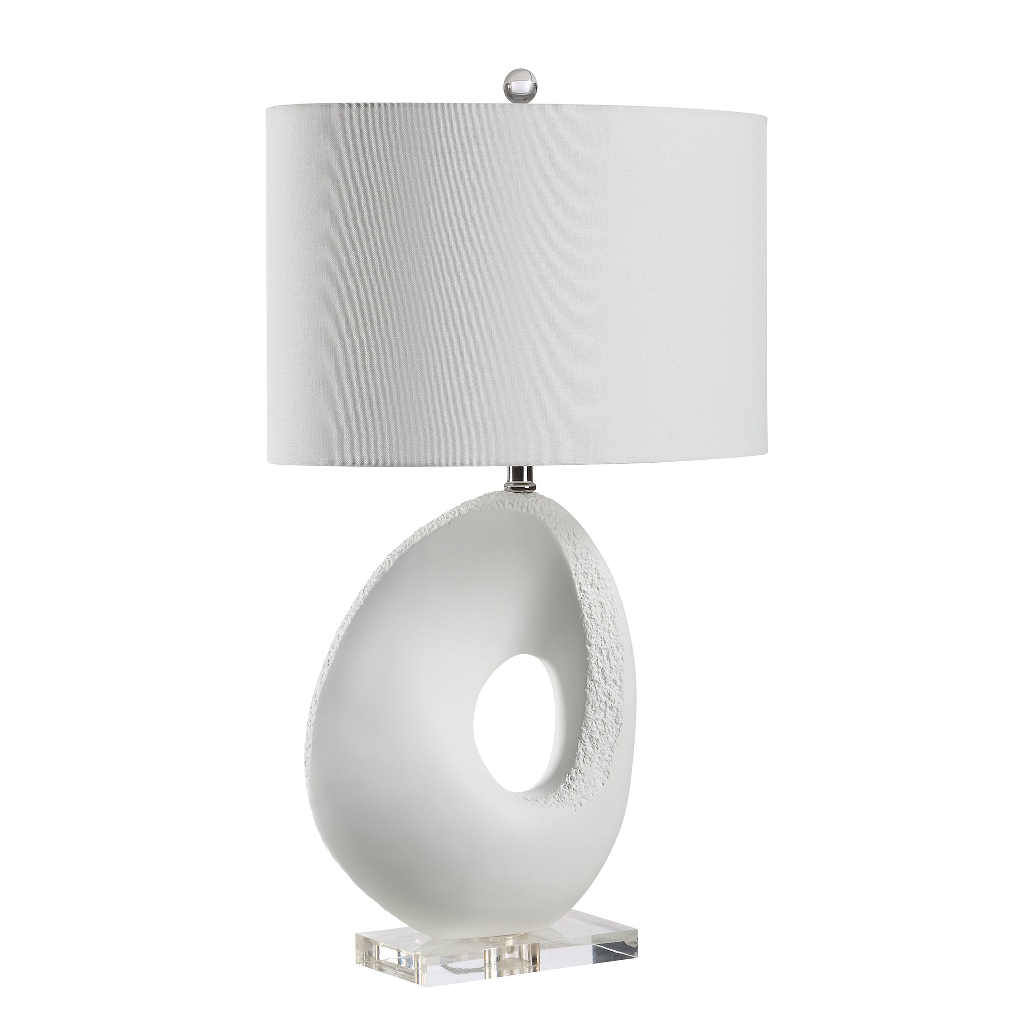 Opalis Table Lamp featuring a frosted base and a white drum shade.