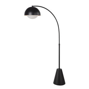 Cooke Floor Lamp featuring a black dome shade and white globe, elegantly arched over a conical base.