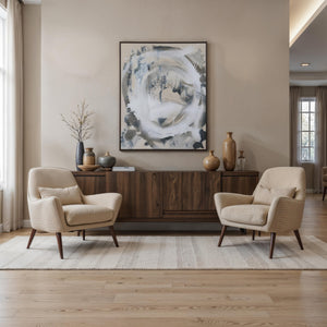Ceiba canvas art displayed in a modern living room with beige chairs and wooden furniture