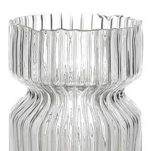 Gladys Glass Vase by Renwil, close-up of ribbed design, clear glass, fluted top.