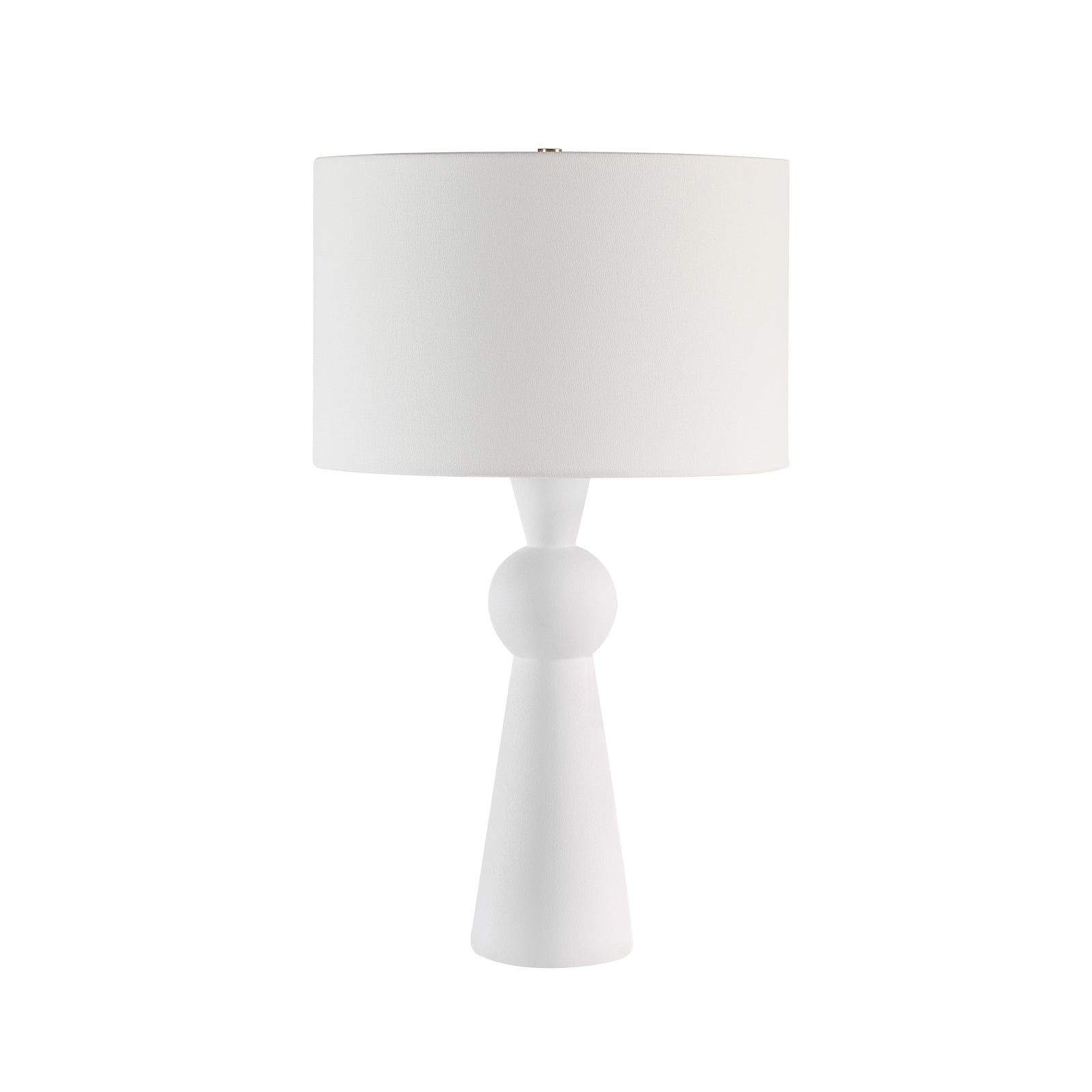 Petra table lamp with a white textured base and a white fabric shade, featuring a modern design.
