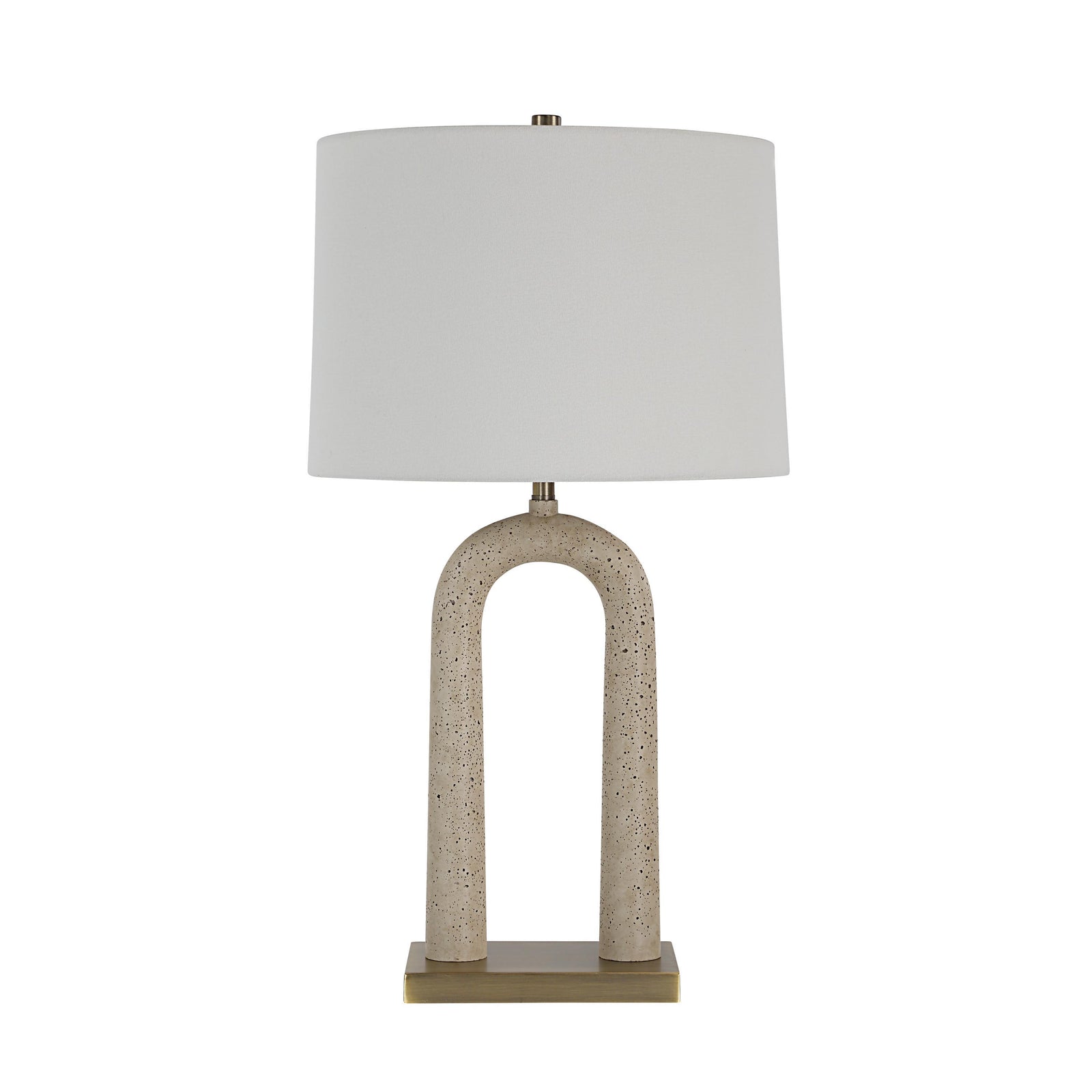 Primula table lamp with a beige textured base and white fabric shade