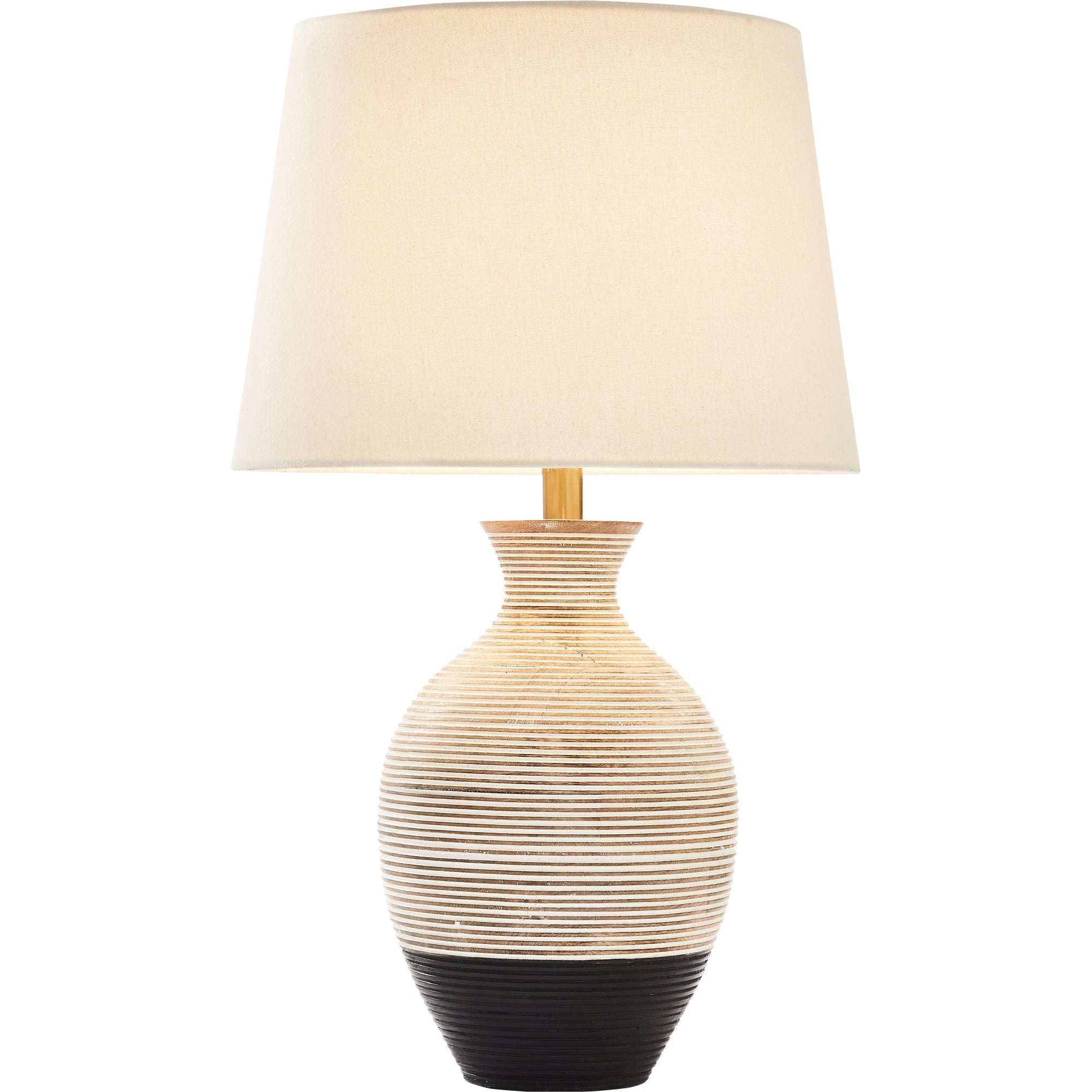 Ignacio Table Lamp featuring a beige and black striped ceramic base, complemented by a soft white shade.