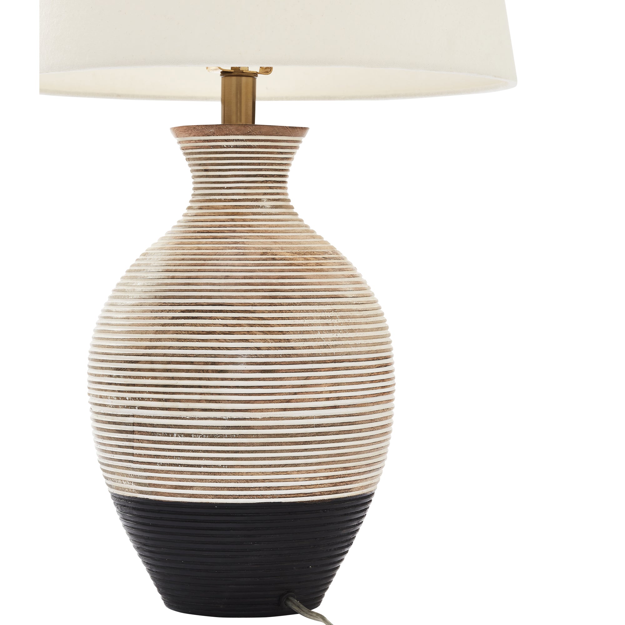 Ignacio Table Lamp showcasing a close-up of the striped ceramic base in beige and black with a white shade.