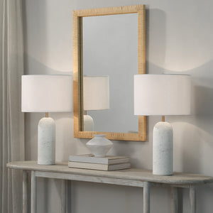 Dorato Table Lamps on a console table with a mirror, featuring white textured bases