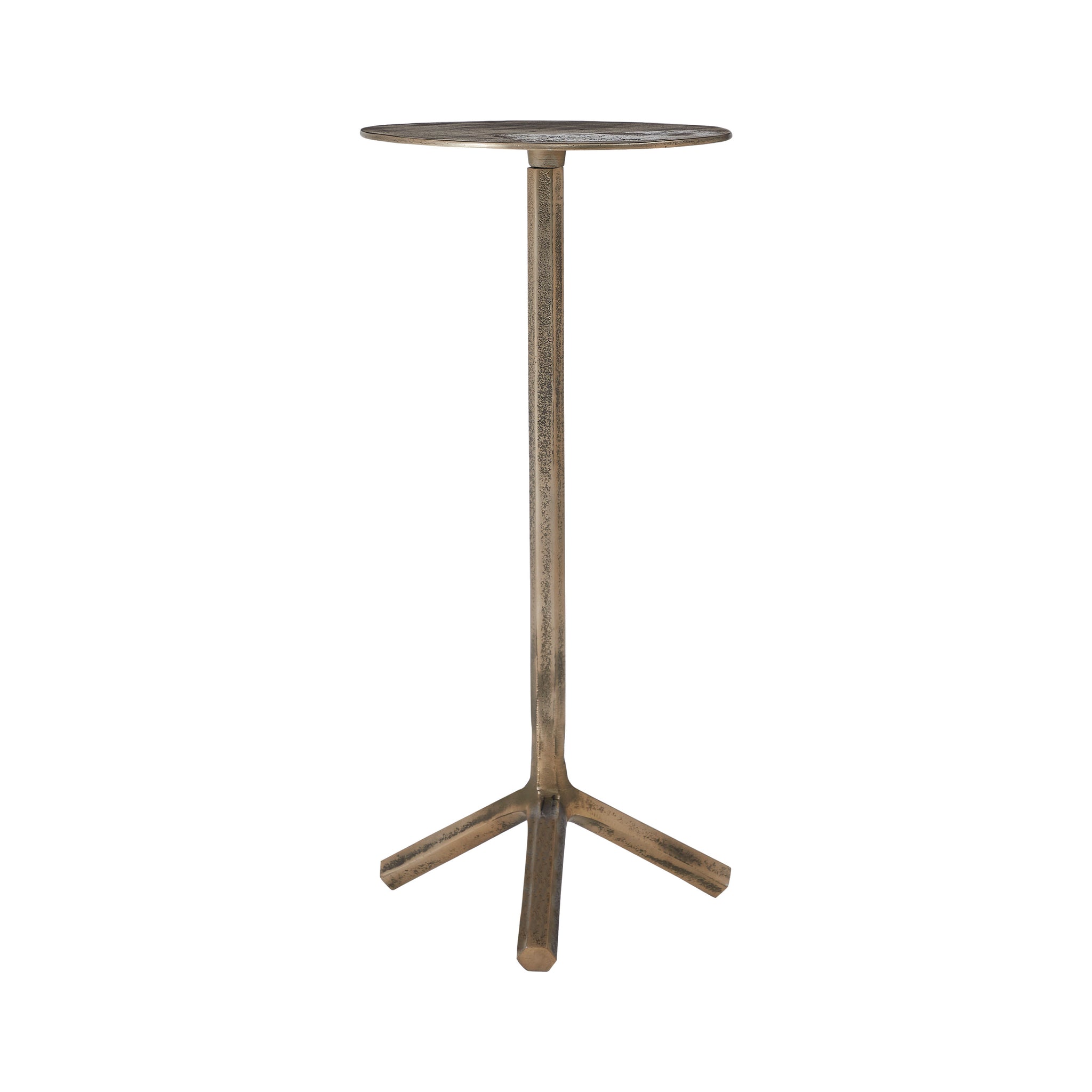 Zahra side table with a round top and three-legged base in a metallic finish