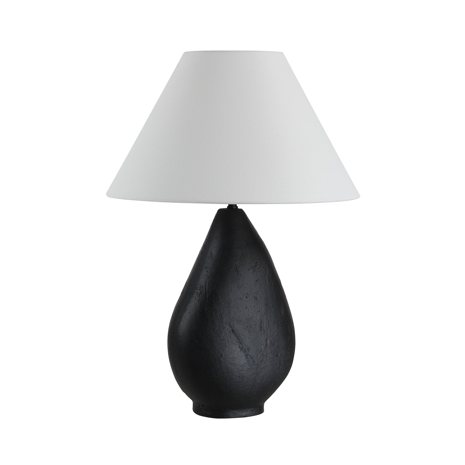 Sotiria Table Lamp with a black textured base and white cone-shaped shade