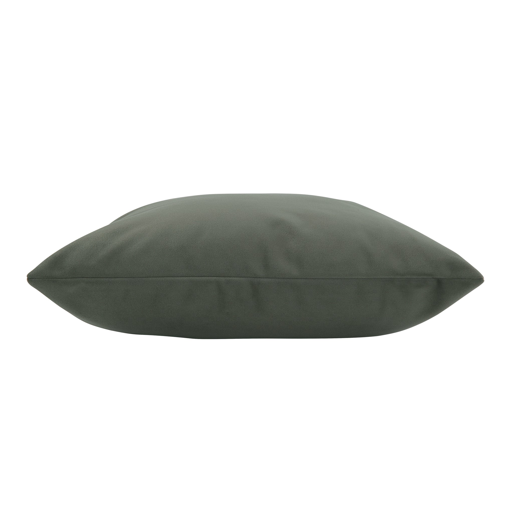 Philemon indoor pillow in dark green, side view showcasing slim profile.
