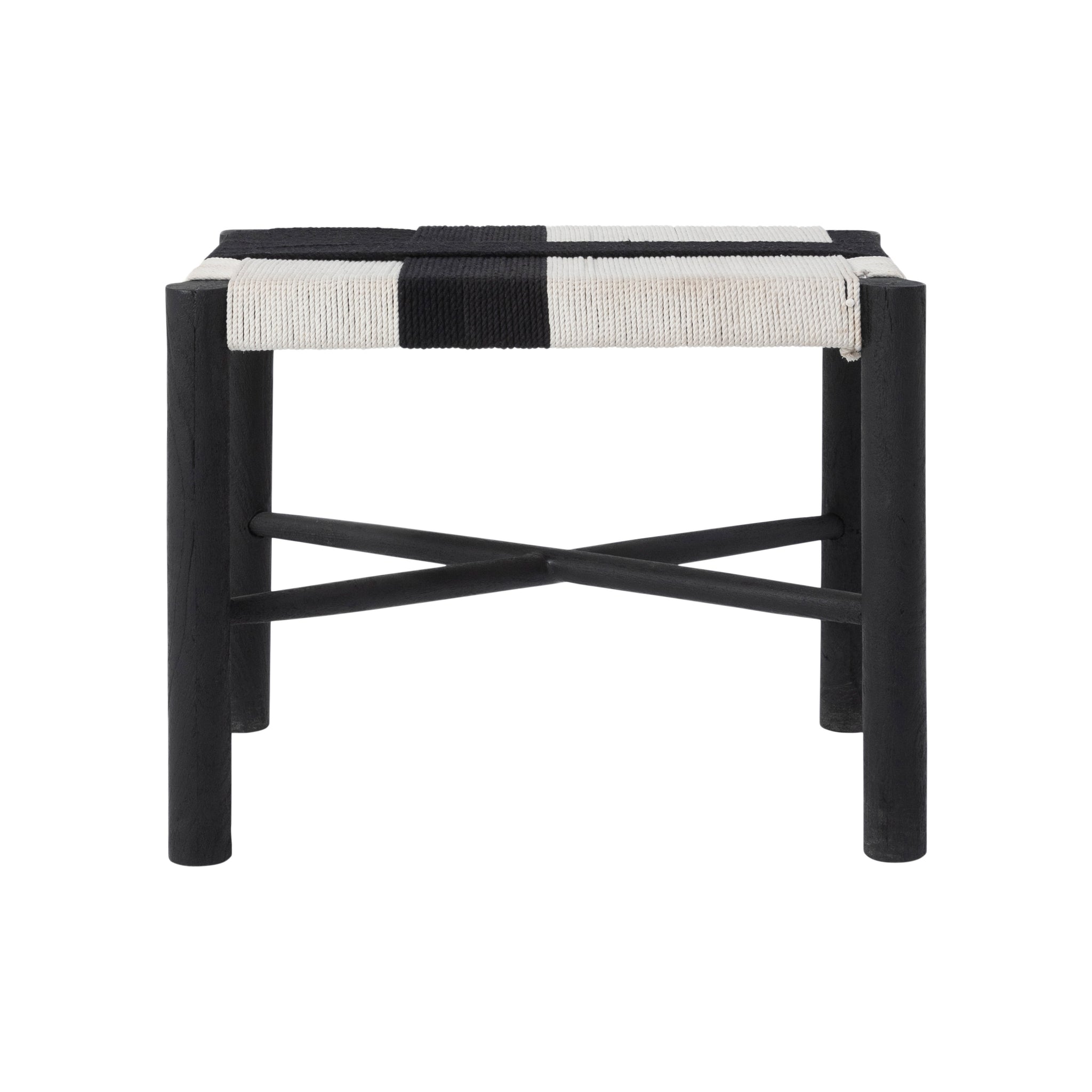 Plex stool by Renwil viewed from the front, showcasing a black and white woven seat and black legs.