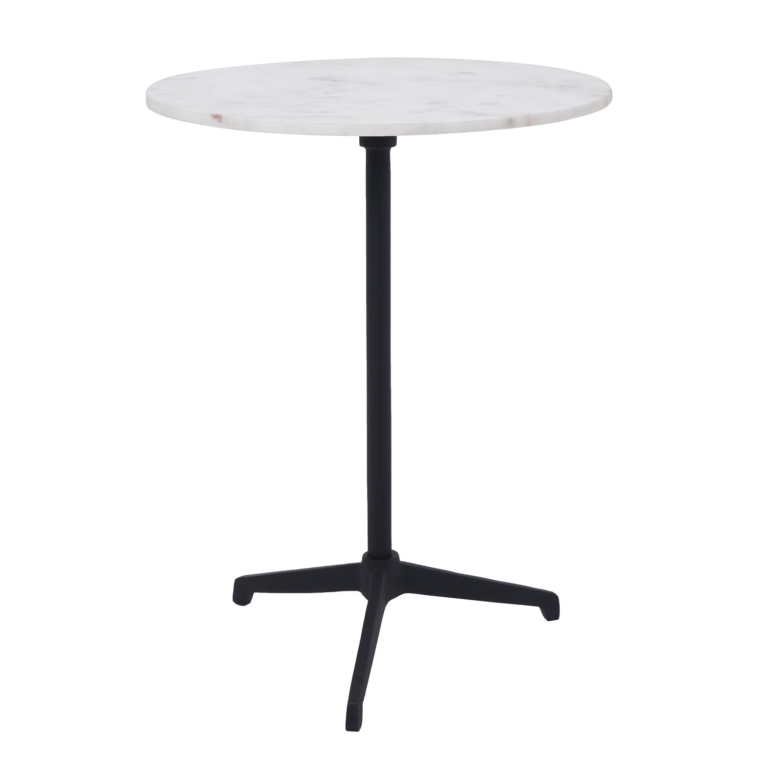 Barker Side Table with round white marble top and black metal base, showcasing a modern design.