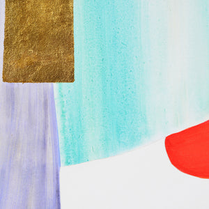 Close-up of Esmerelda canvas art highlighting gold, teal, and red abstract elements.