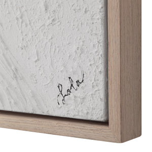 Luz canvas art featuring a textured white surface and a light wood frame, showcasing an artist's signature.