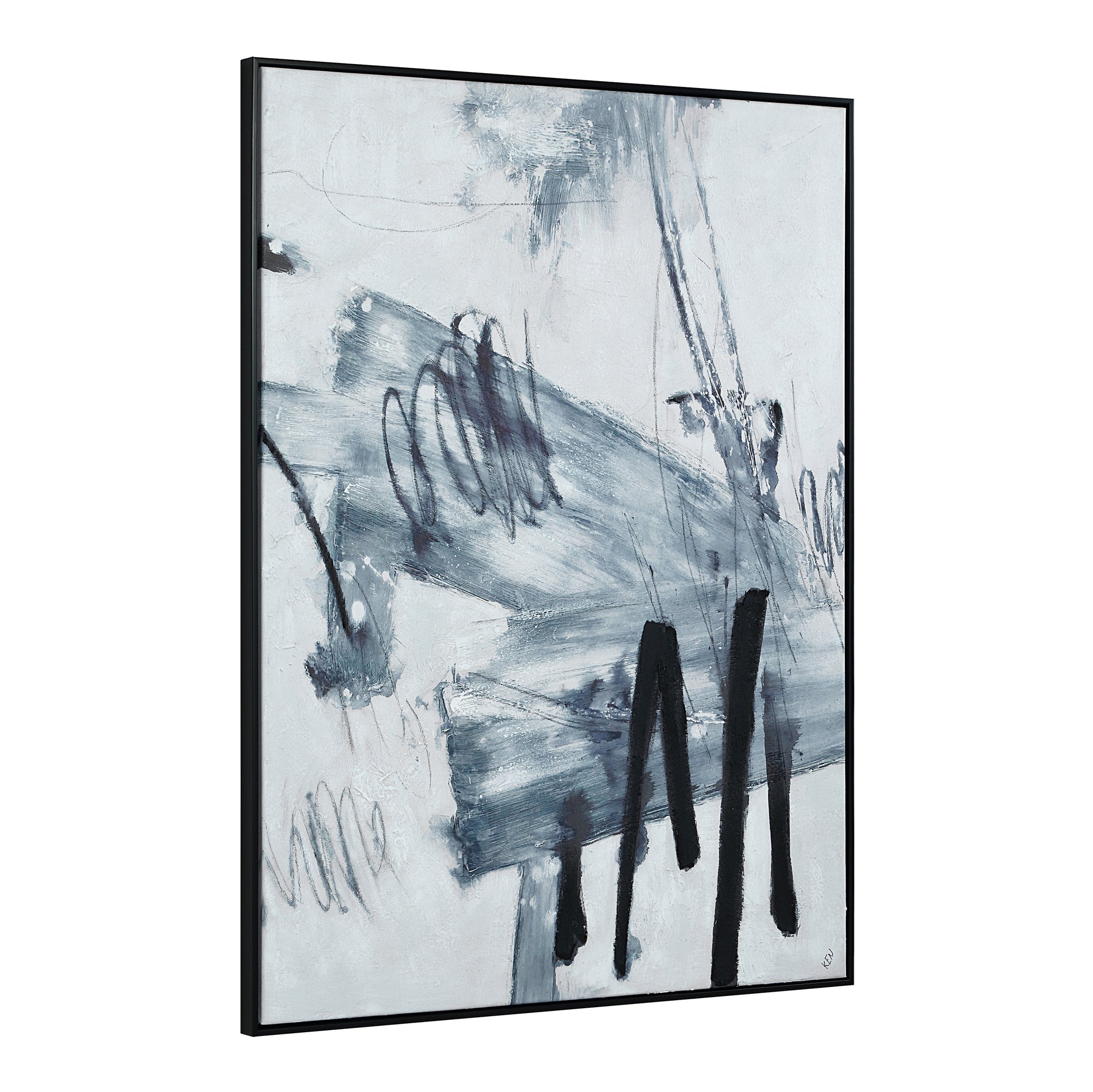 Senso canvas art viewed from the side, showcasing abstract gray and blue patterns with black accents.