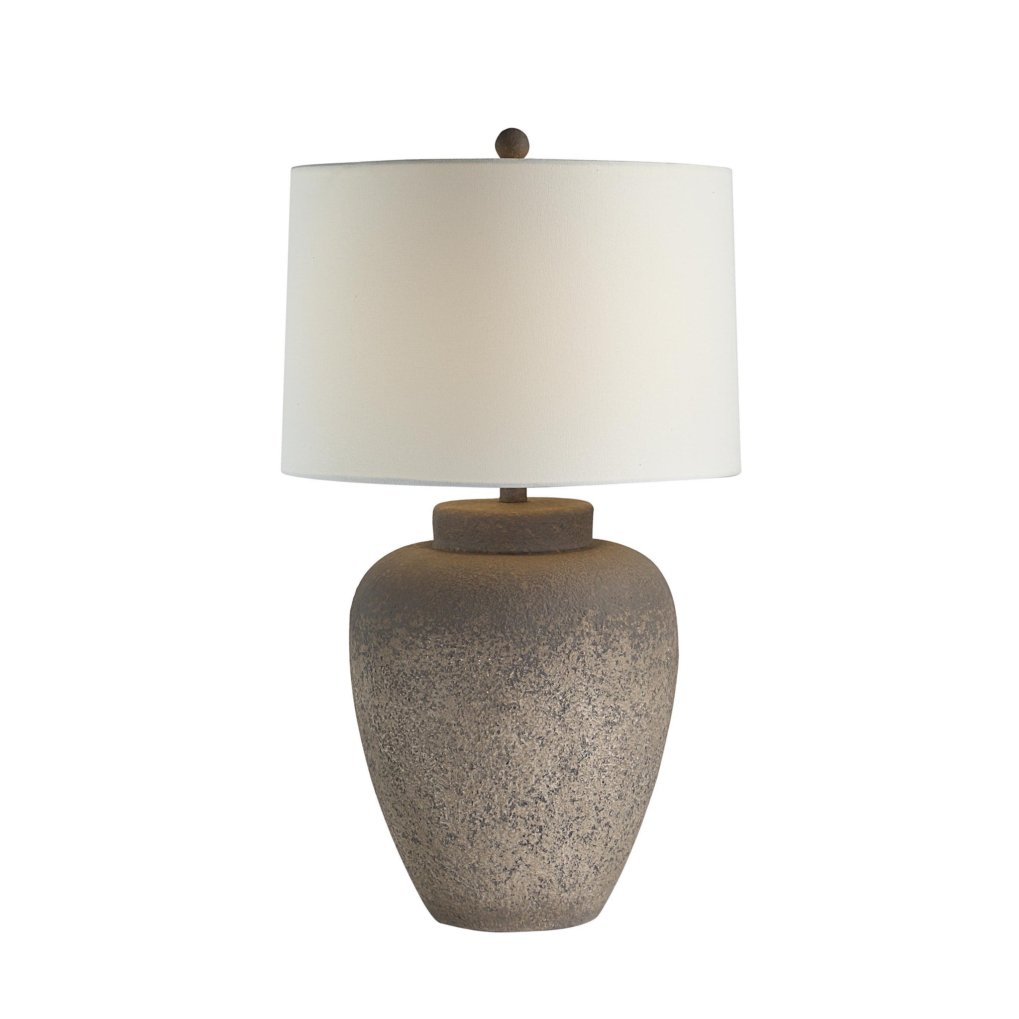 Lattuga table lamp featuring a brown ceramic base and a white cylindrical shade