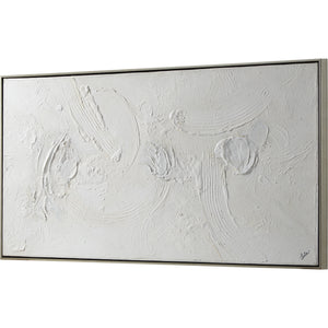Yanno canvas art showcasing a white abstract texture with layered brush strokes and a sleek frame.