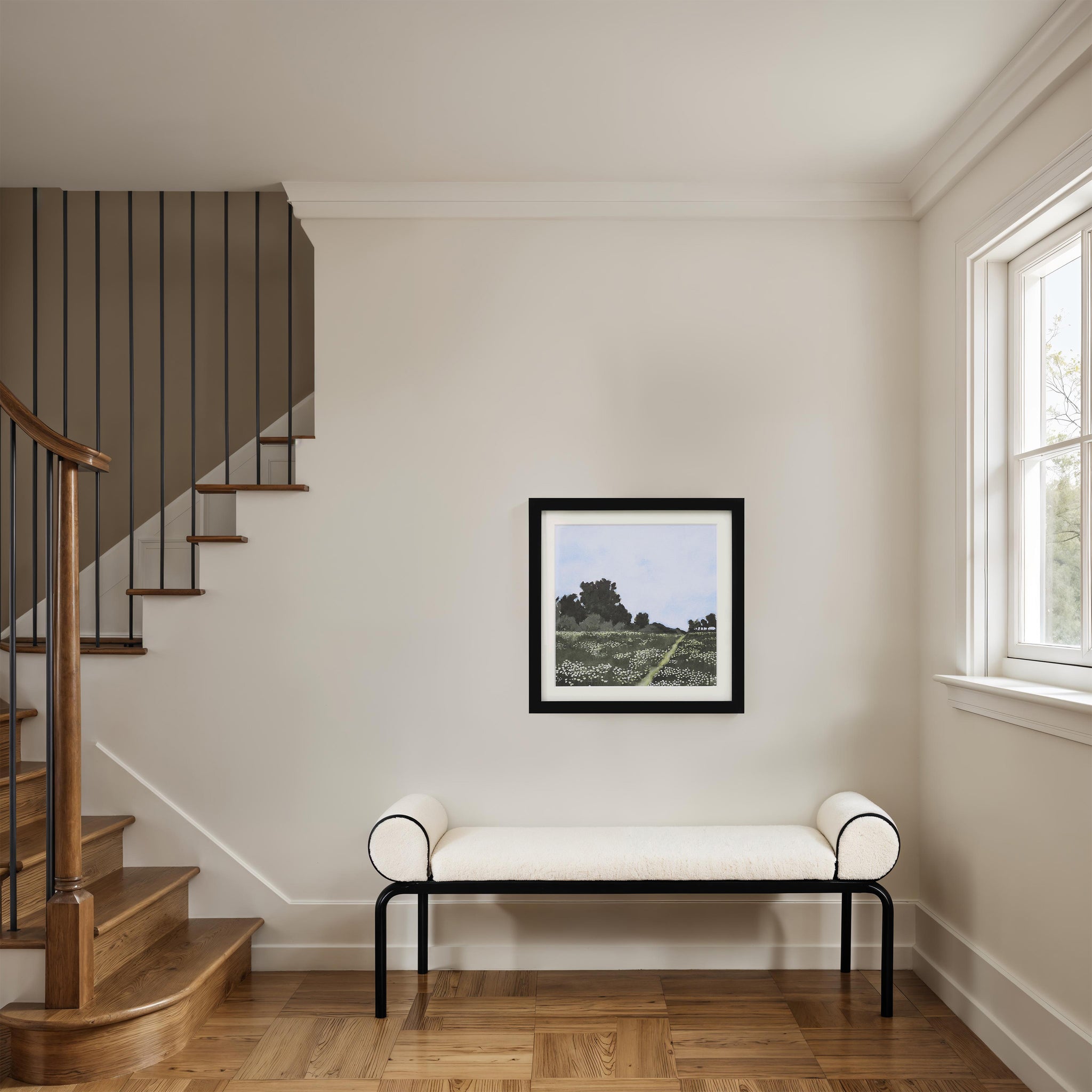 Olmo Canvas Art displayed on a wall above a bench in a modern interior.