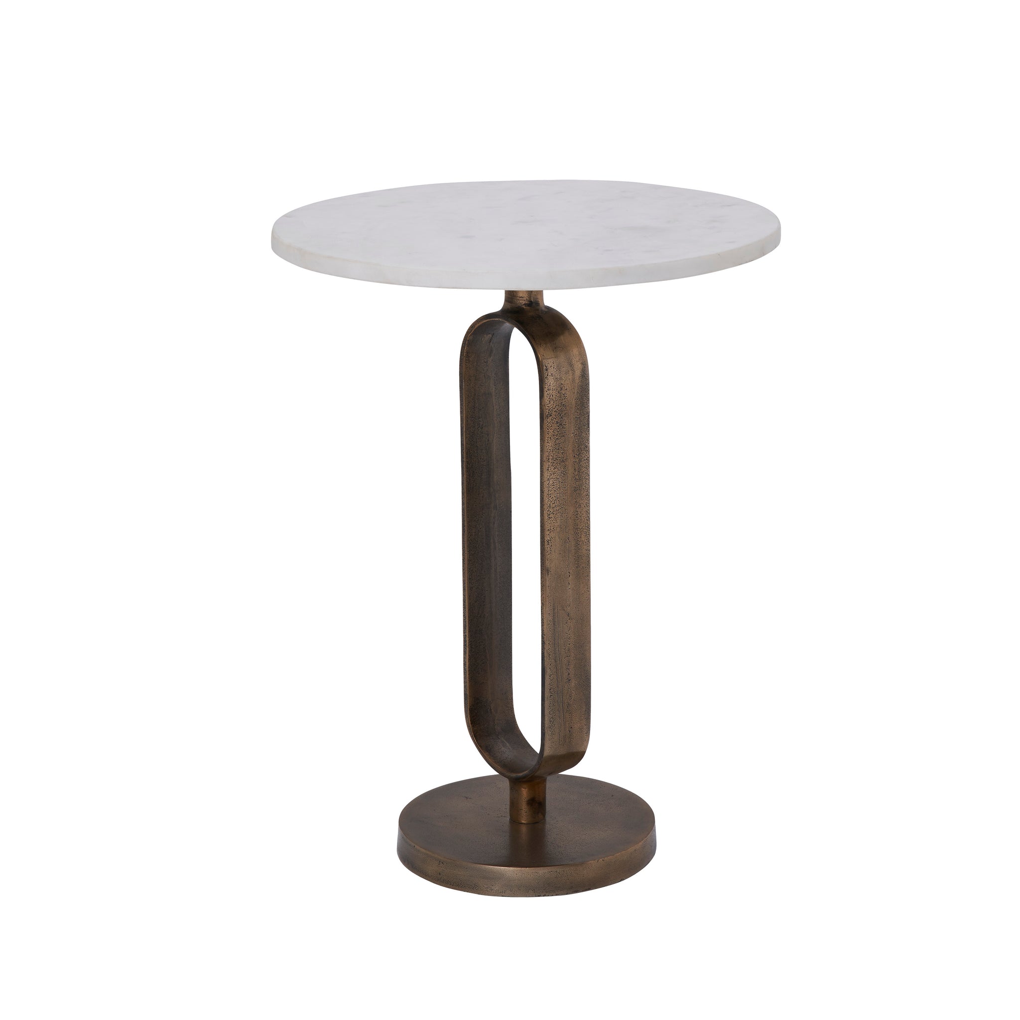 Irene Side Table featuring a single round marble top and a bronze metal frame, elegant style.