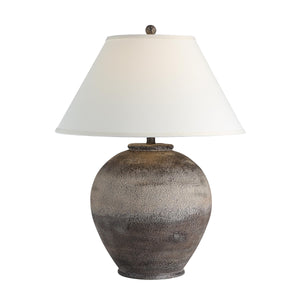 Bronce Table Lamp featuring a round ceramic base in dark gray with a white tapered shade