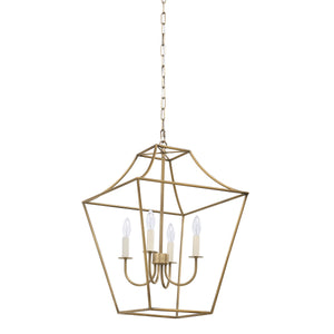 Versailles pendant light featuring a gold metal frame with a geometric design and four candle-style bulbs