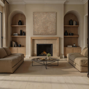 Berkeley Canvas Art hung in a modern living room, above a fireplace with neutral decor