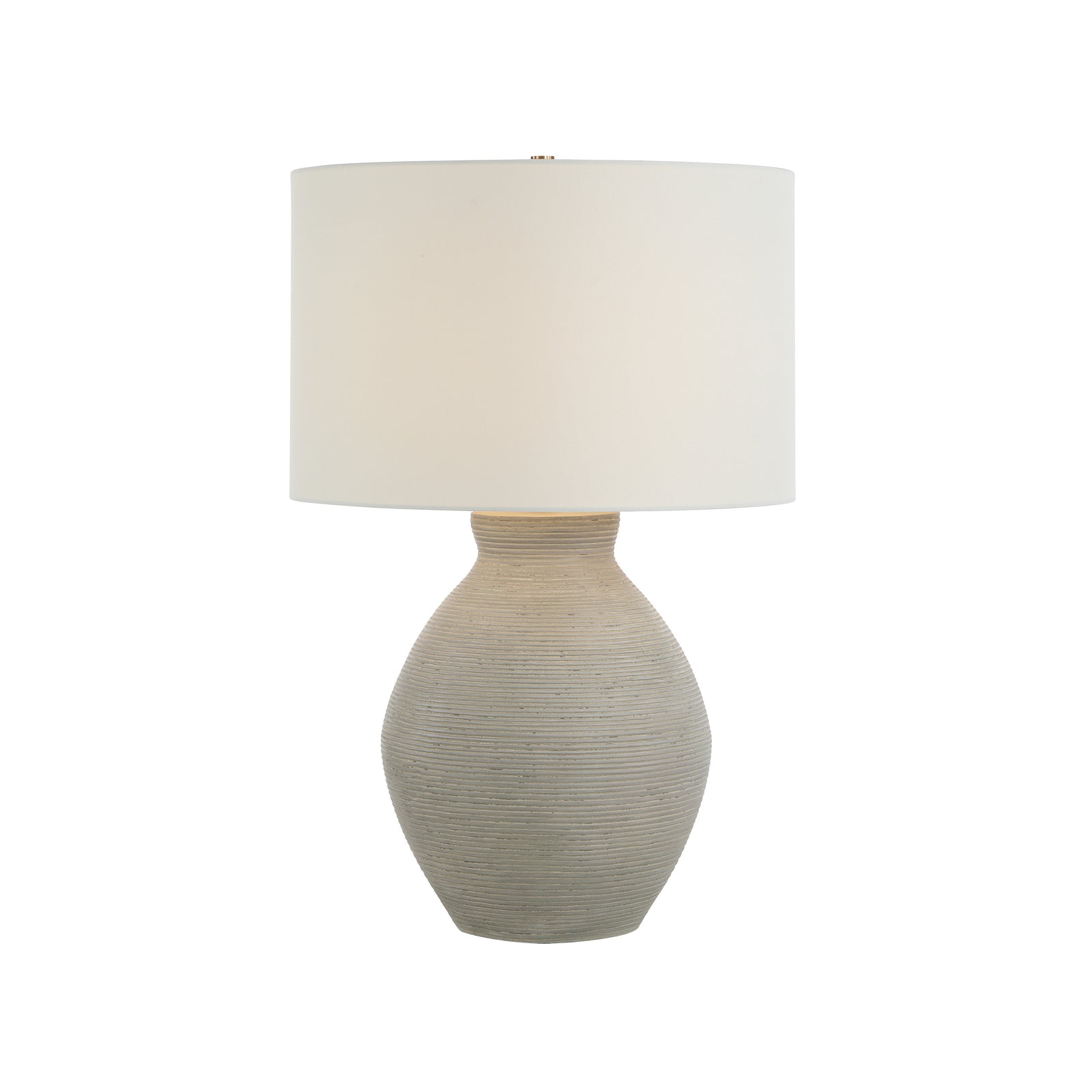 Delfino table lamp with a textured gray ceramic base and white drum shade.