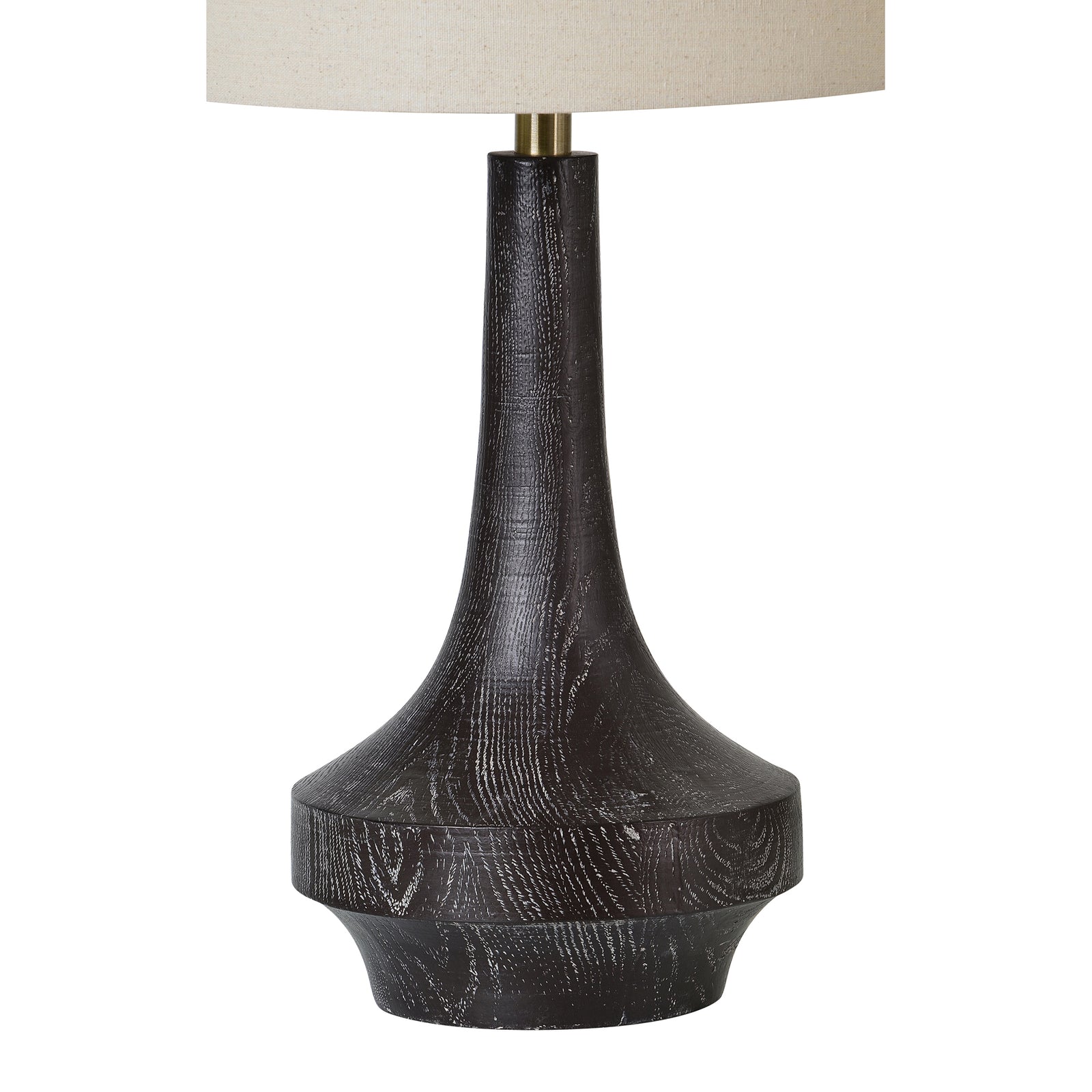 Truro Table Lamp with a black wood base and beige fabric shade, featuring a modern design.
