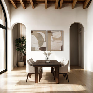 Alcea Canvas Art featuring abstract shapes in neutral tones, displayed above a dining table.