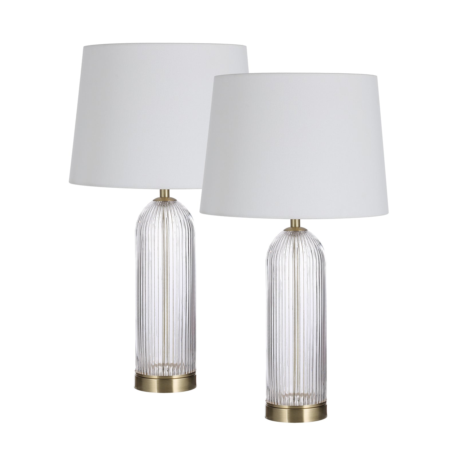 Ocala Table Lamp set of two with clear ribbed glass base and white fabric shades