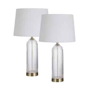 Ocala Table Lamp set of two with clear ribbed glass base and white fabric shades