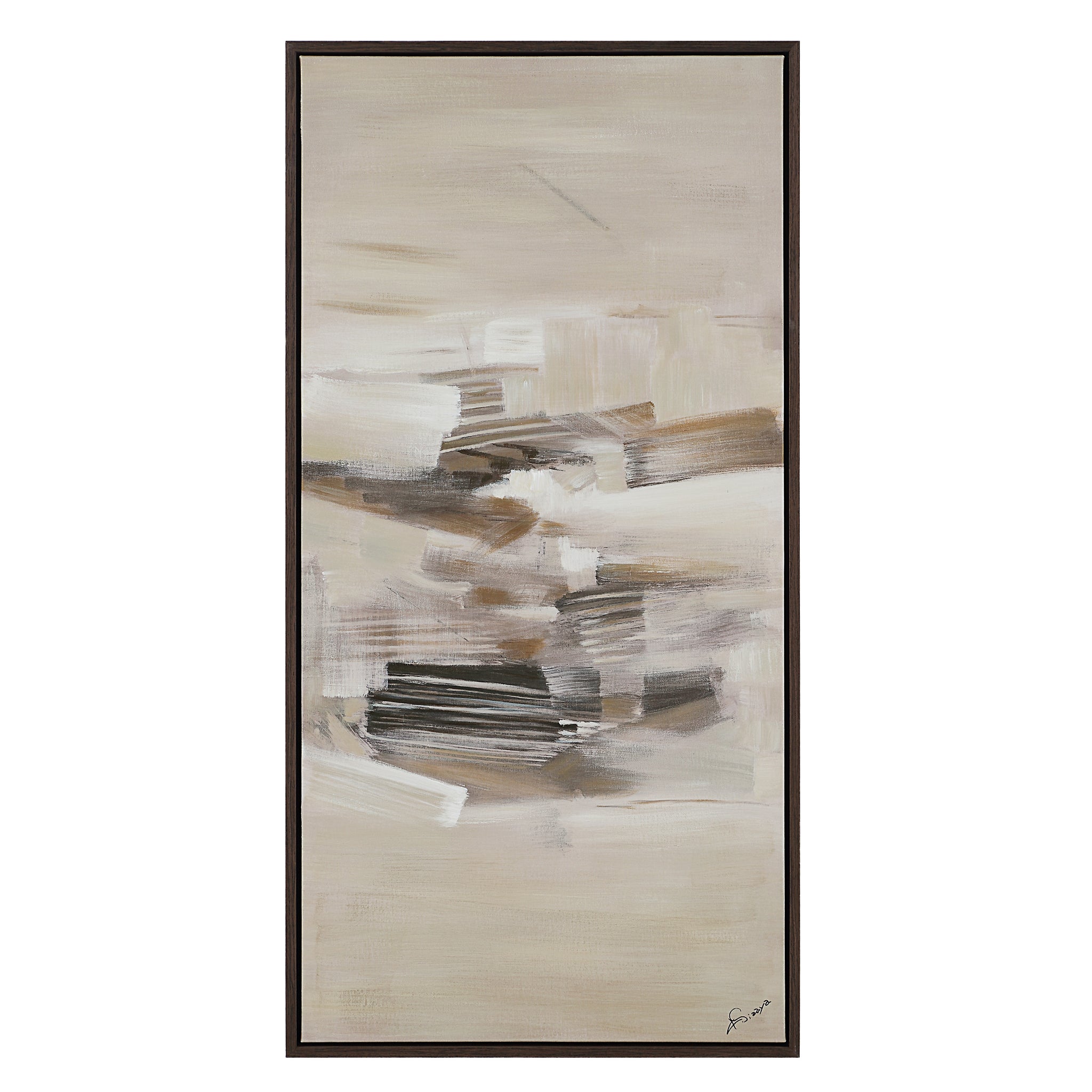Lux canvas art with abstract design in beige and gray, framed in dark wood