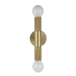 Tovi Wall Sconce in brass with two globes and textured cylindrical details