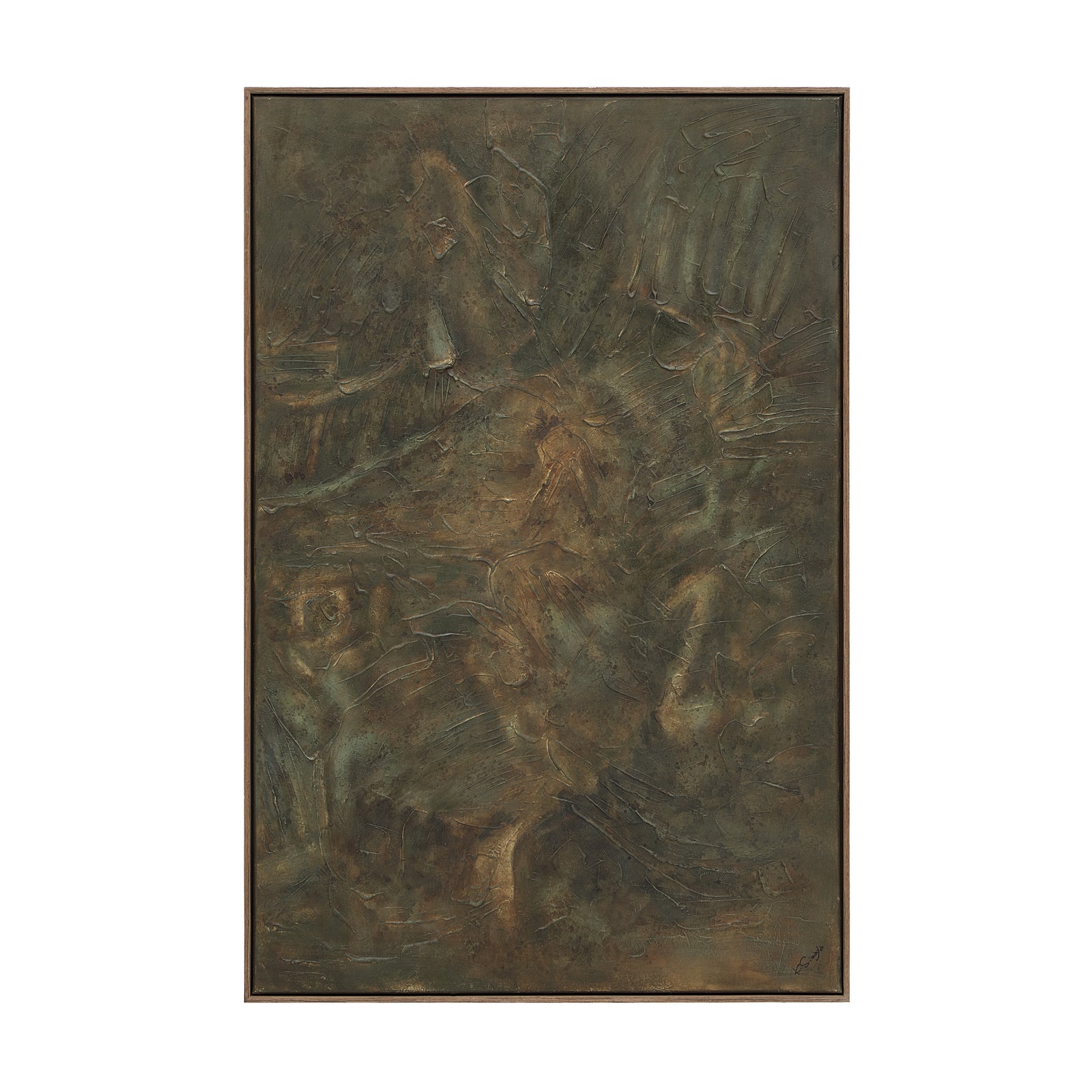 Beatrix canvas art featuring a textured abstract design in earthy tones of green and brown.