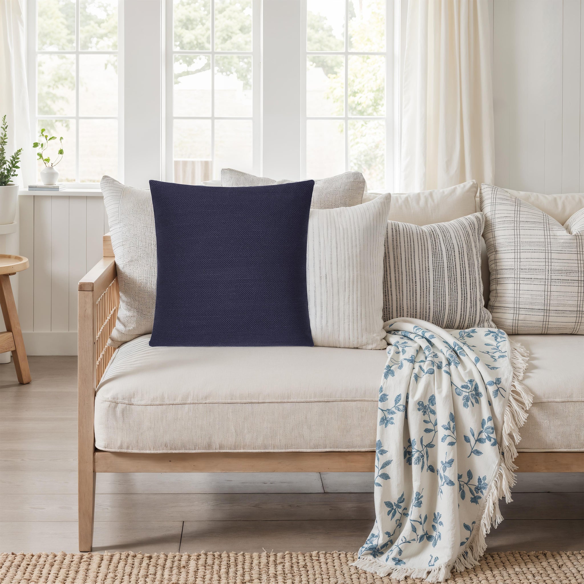 Forester decorative pillow on a light sofa surrounded by various textured cushions.