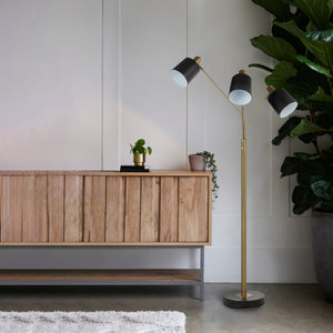 Meander floor lamp in a modern living room beside a wooden cabinet and potted plants.