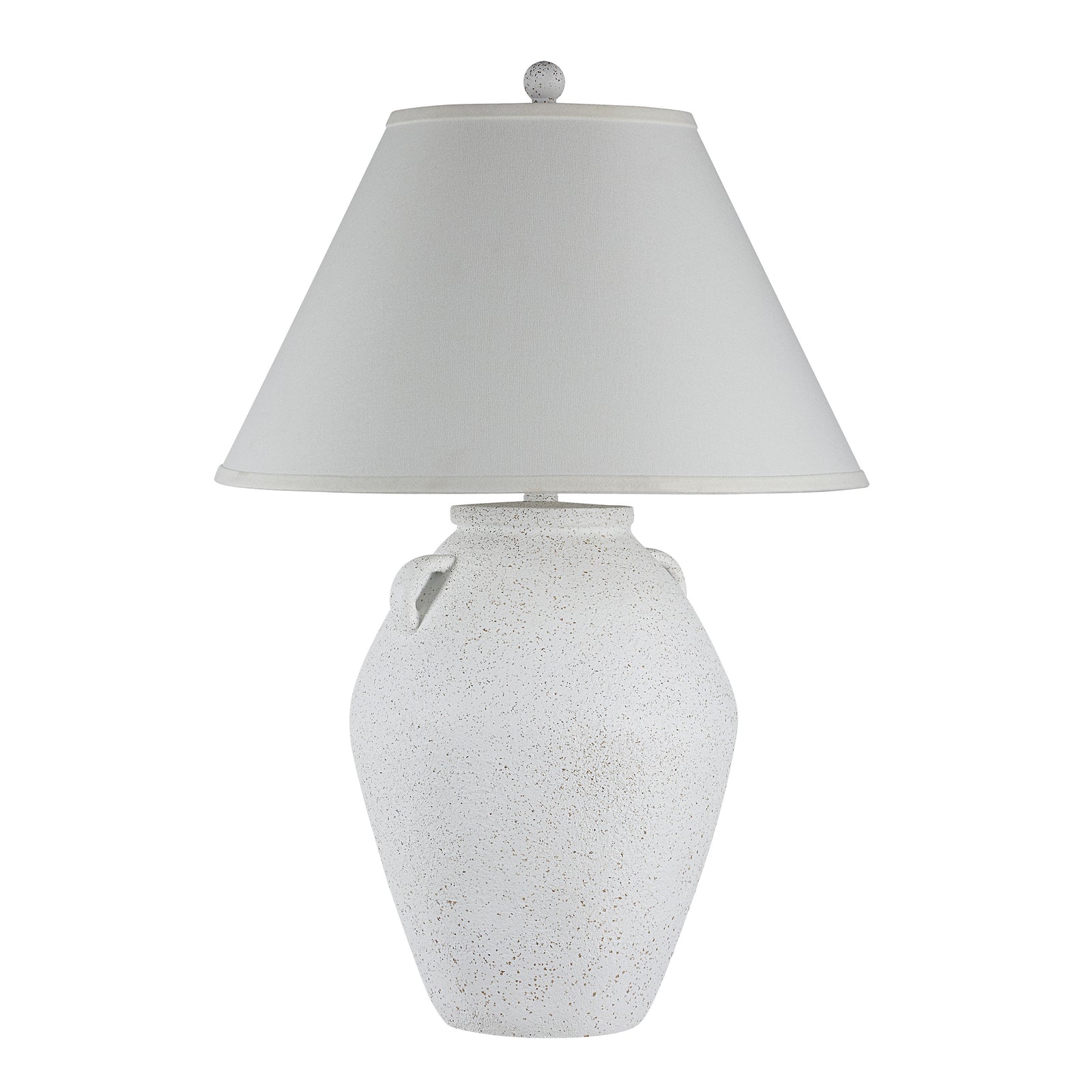Aloria table lamp with a speckled white ceramic base and a gray fabric shade